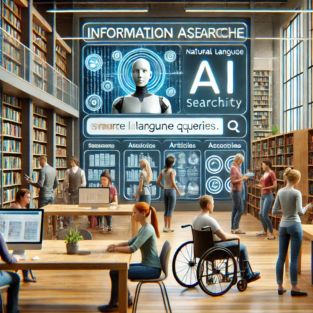 DALL·E 2024-11-14 08.49.56 - An image showing how artificial intelligence (AI) enhances information accessibility in a modern library